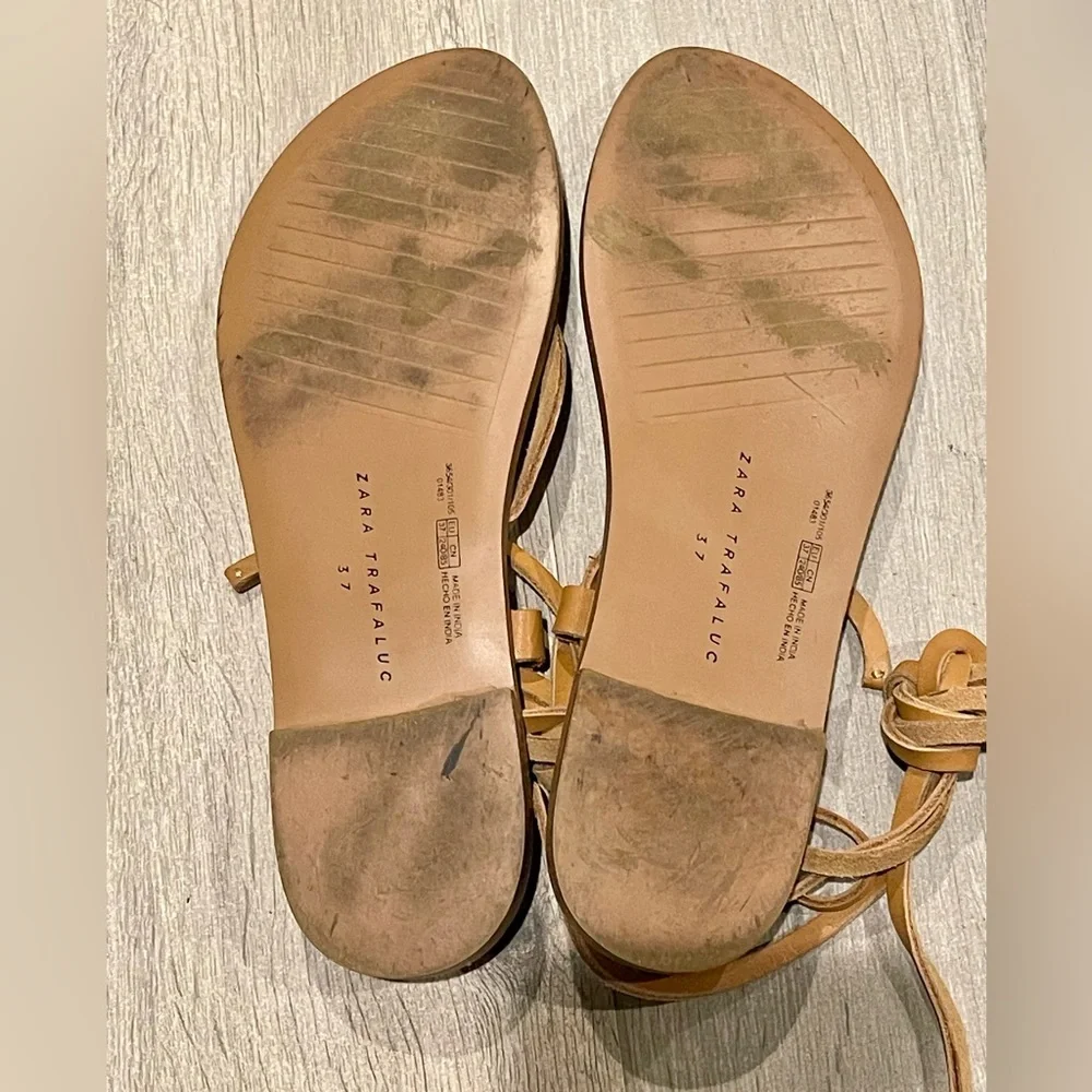 Zara Lace Up Tie Flat Tan Brown Leather Boho Gladiator Sandals size 7 - Picture 5 of 6